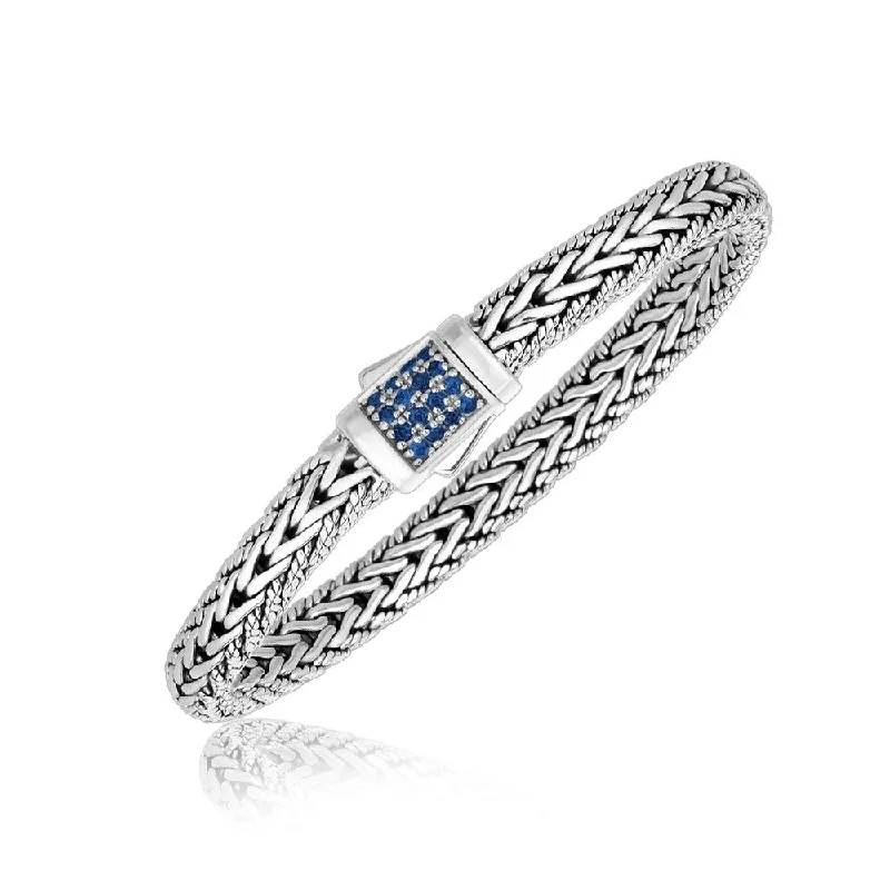 Thin wire bracelets  Sterling Silver Braided Men's Bracelet with Blue Sapphire Stones