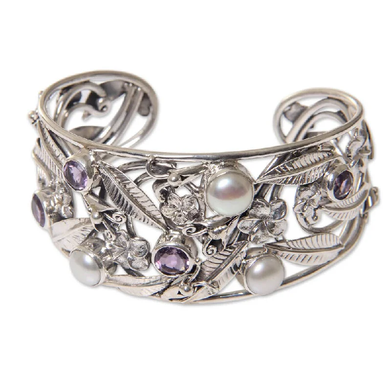 Elegant work bracelets  NOVICA Amethyst and Cultured Pearl Cuff Bracelet, 'Temple Garden' (Indonesia)