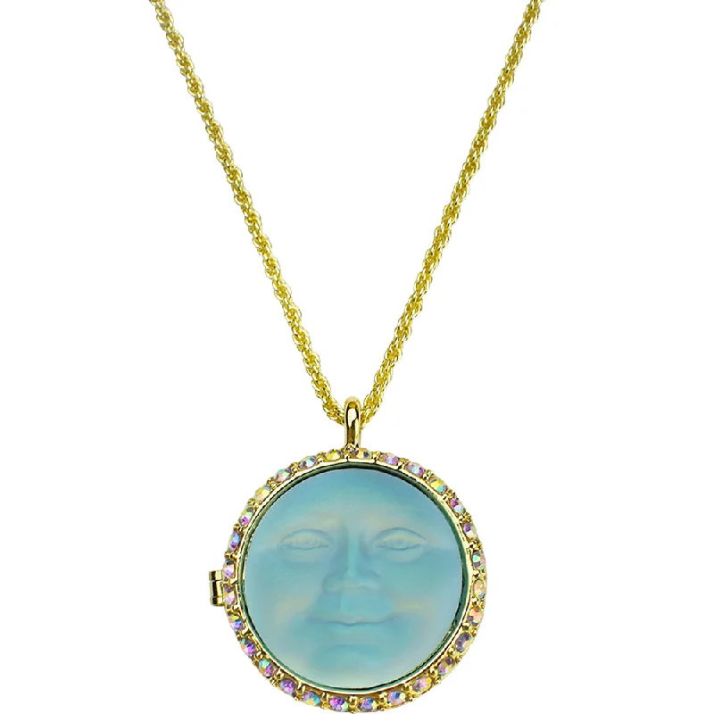 Modern minimalist necklaces  Love Never Dies Glass Seaview Moon Locket Necklace (Goldtone/Aqua AB)