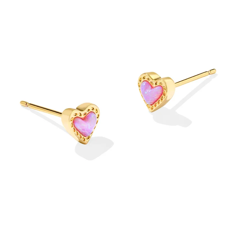 Engraved earringsKendra Scott | Mini Ari Gold Heart Stud Earrings in Bubblegum Pink Opal