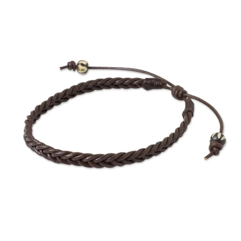 Red gemstone bracelets  Handmade Men's Leather 'Single Brown Braid' Bracelet (Thailand)