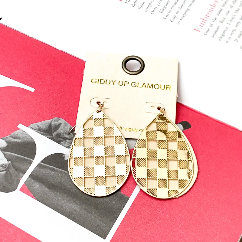 Leaf earringsDouble Layered Gold Tone Gingham Teardrop Earrings