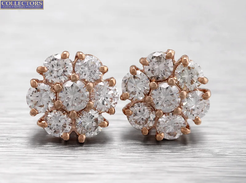 Long drop earringsLovely Ladies Estate 14K Rose Gold 2.41ctw Diamond Cluster Stud Earrings