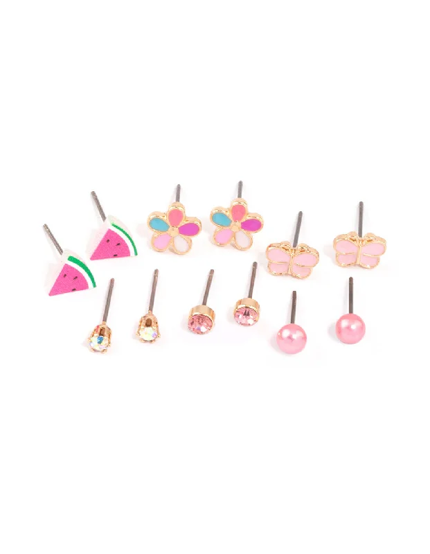 Crystal earringsKids Pink Watermelon & Flower Stud Earrings 6-Pack