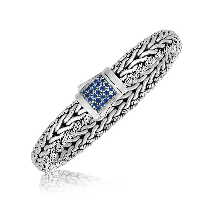 Party statement bracelets  Sterling Silver Blue Sapphire Designed Braided Men's Bracelet