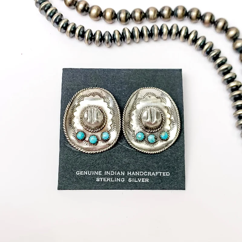 White gold earringsPam Benally | Navajo Handmade Sterling Silver Cowgirl Hat Stud Earrings with Three Small Turquoise Stones