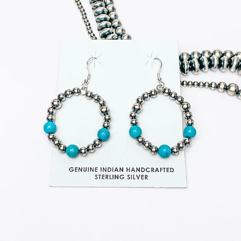 Shell earringsMason Lee | Navajo Handmade Sterling Silver Navajo Pearl and Sleeping Beauty Turquoise Triple Stone Hand Strung Circle Earrings