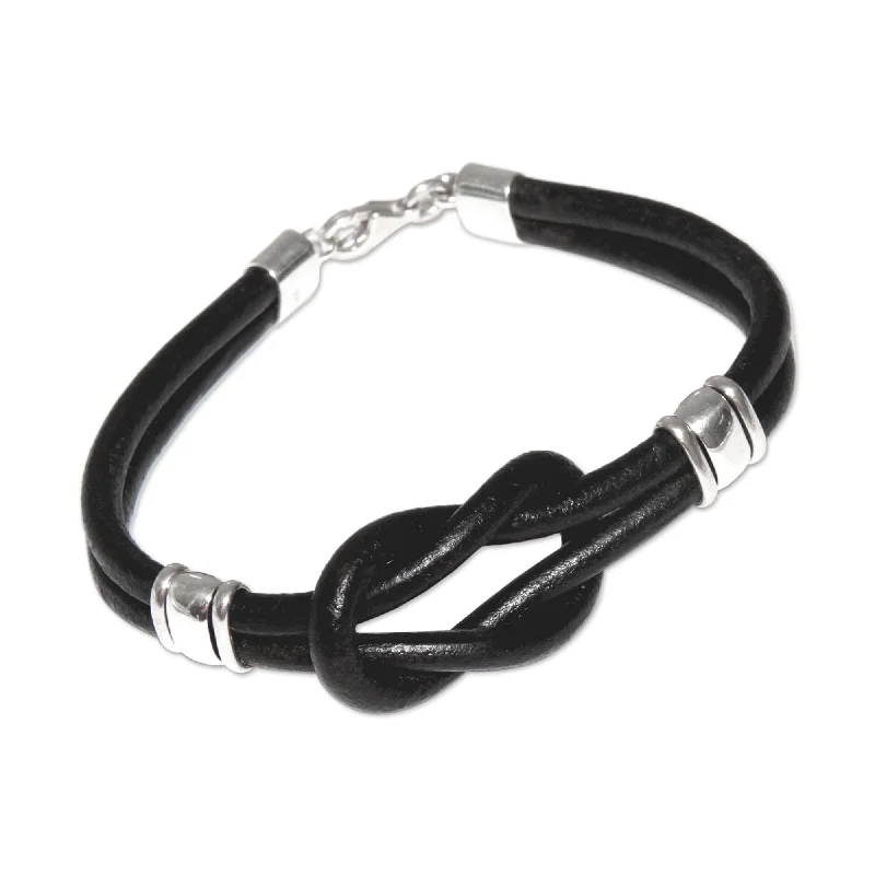 Waterproof bracelets  Handmade Twin Knots Sterling Silver Black Leather Bracelet (Peru)