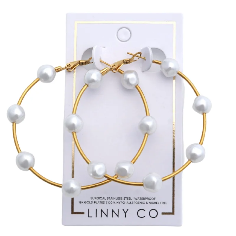 Gold and diamond earringsLinny Co | Leah Gold Tone Hoop Earrings with Pearl Accents