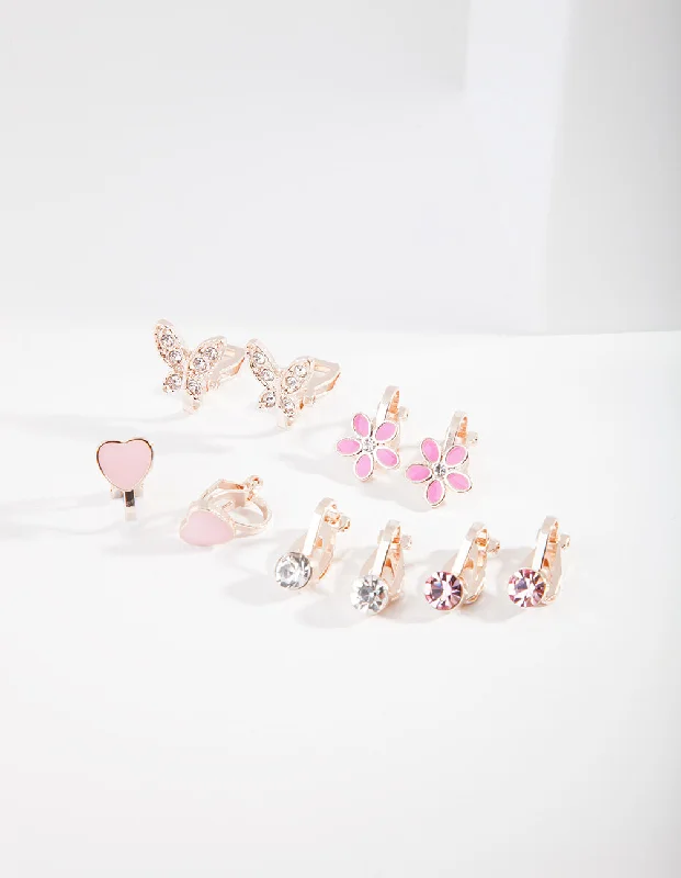 Birthstone earringsKids Rose Gold Hearts & Flowers Clip Earring 5-Pack