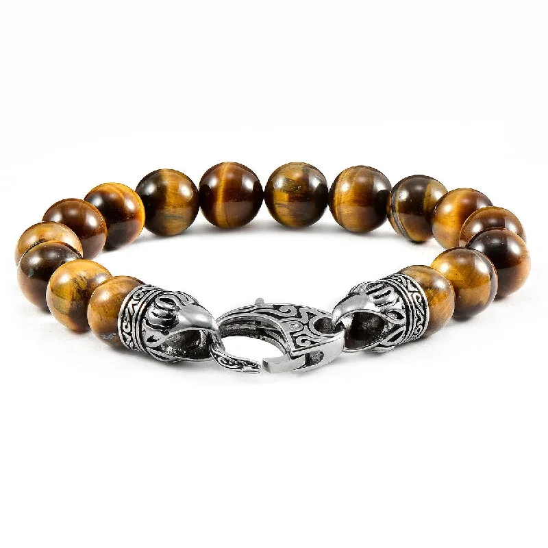 Silver and pearl bracelets  Men's Natural Stone Antiqued Steel Clasp Beaded Bracelet (10mm) - 8"