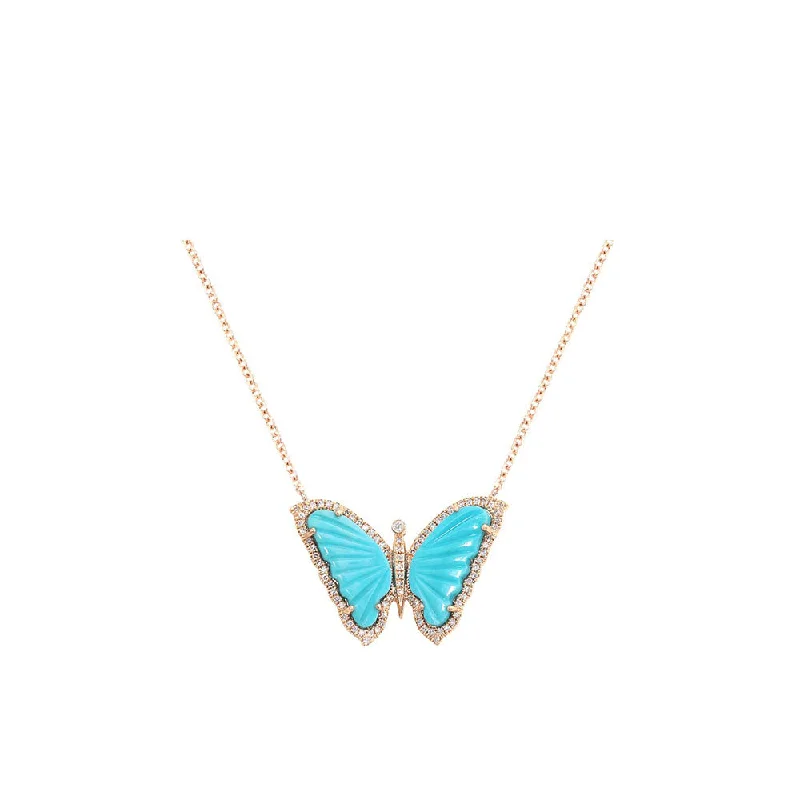 Korean fashion necklaces  14k Rose Gold Diamond Pave & Turquoise Butterfly Necklace