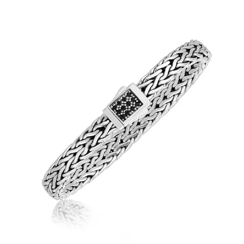 Everyday bracelets for women  Sterling Silver Braided Men's Bracelet with Black Sapphire Stones