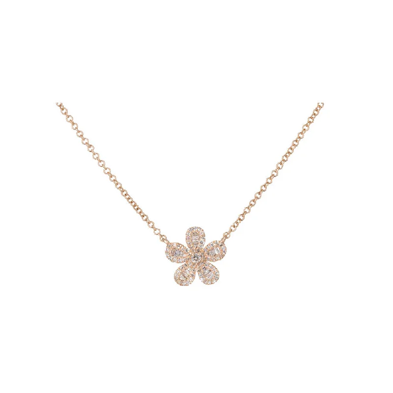 Waterproof necklaces  14KT Rose Gold Diamond and Baguette Flower Necklace