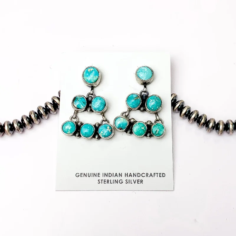 Minimal hoop earringsLorenzo Sam | Navajo Handmade Sterling Silver Tiered Post Chandelier Earrings with Kingman Turquoise Stones