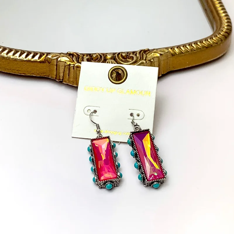 Dainty earrings for womenFuchsia Pink Crystal Bar Drop Earrings with Faux Turquoise Border Accents