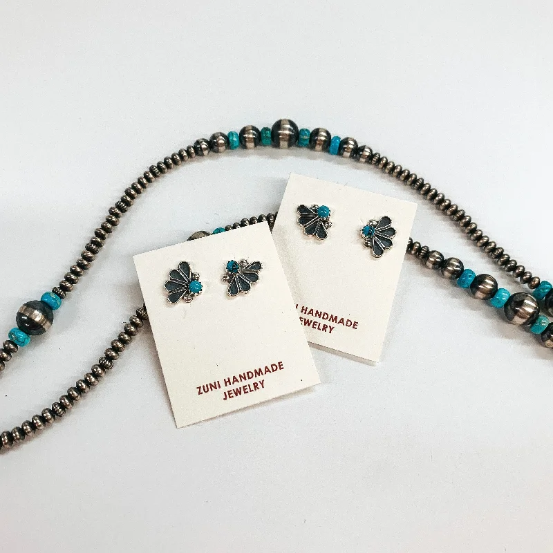 Platinum earringsZuni | Zuni Handmade Genuine Sterling Silver Fan Earrings with small Turquoise Stone