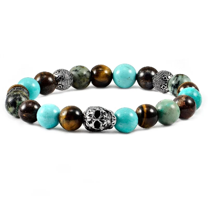 Modern minimalist bracelets  Stainless Steel Skull Natural Stone Beaded Stretch Bracelet (10mm)