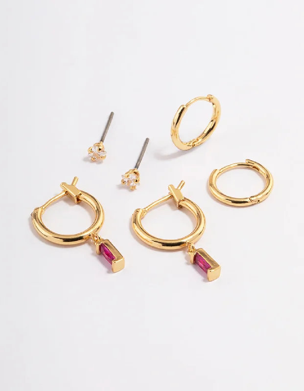 Small hoop earringsGold Plated Brass Cubic Zirconia Fuschia Cut Hoop Earrings 6-Pack