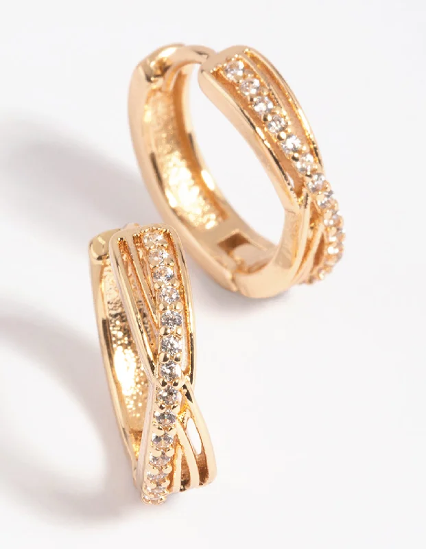 Thin wire earringsGold Cubic Zirconia Twisted Huggie Hoop Earrings