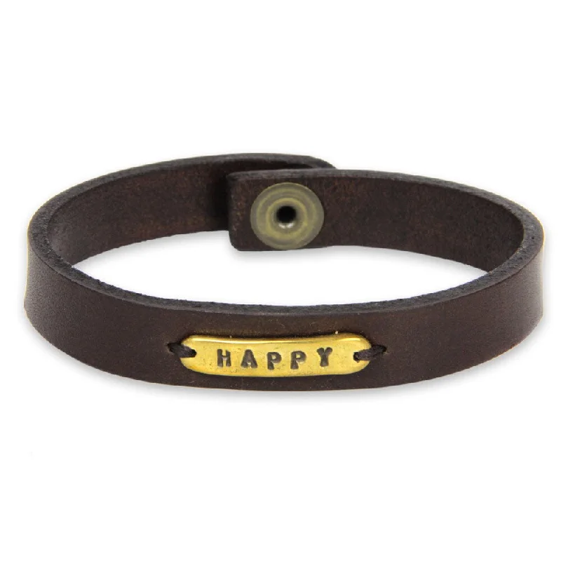 14k gold chain bracelets  Handmade Leather Brass 'Happy' Bracelet (Indonesia)