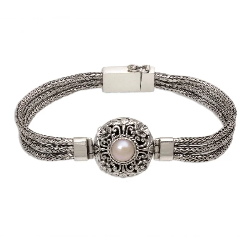 Personalized name bracelets  Handmade Sterling Silver 'Floral Nobility' Cultured Pearl Bracelet (8 mm) (Indonesia)