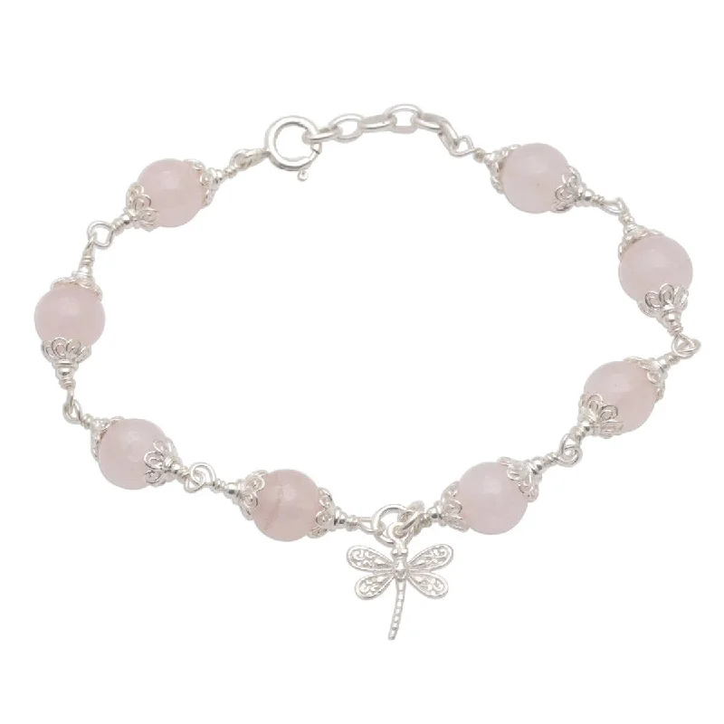 White pearl bracelets  NOVICA Moonlight Dragonfly in Rose, Rose quartz beaded charm bracelet