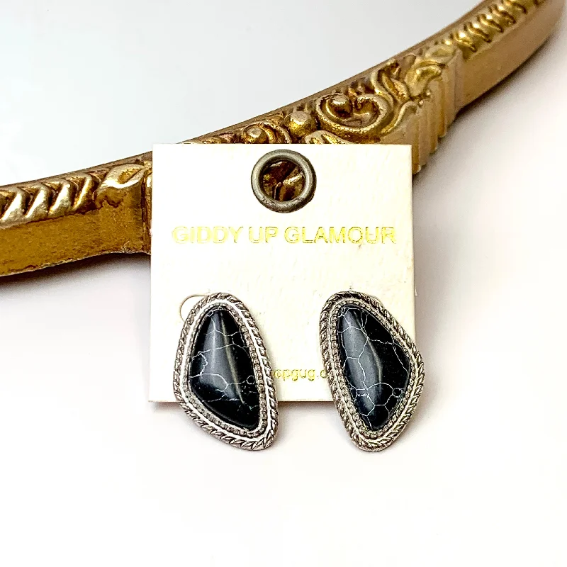 Simple stud earringsSilver Tone Irregular Shaped Faux Stone Post Earrings in Black