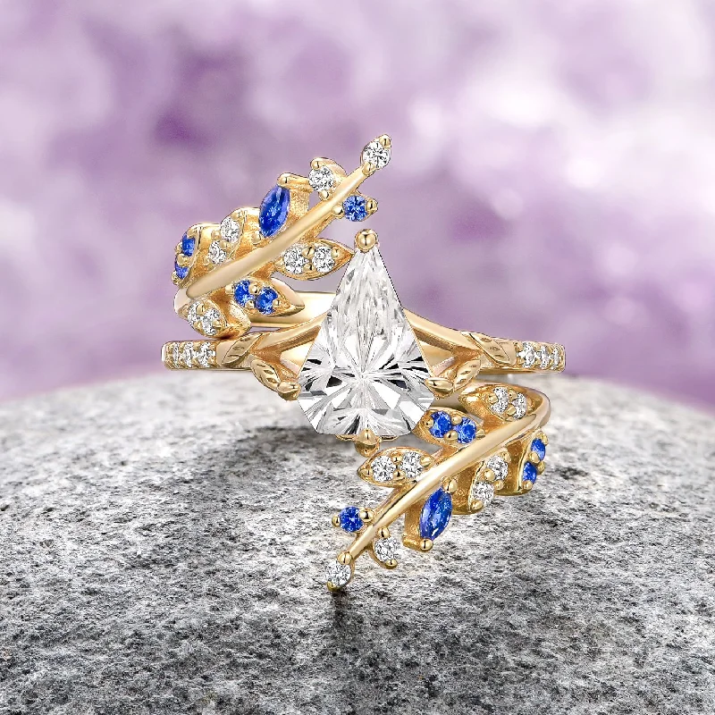 Fantasy Shield Cut Diamond & Blue Sapphire Ring Set- 14K Solid Yellow Gold