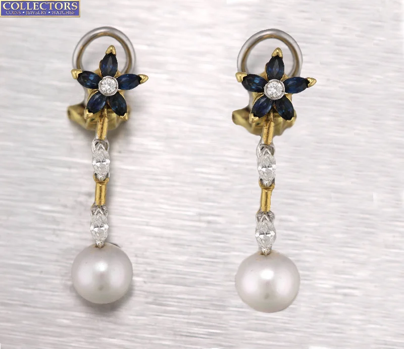 Bohemian dangle earringsVintage 18K Gold 0.70ctw Blue Sapphire Diamond Pearl Dangling Clip-On Earrings