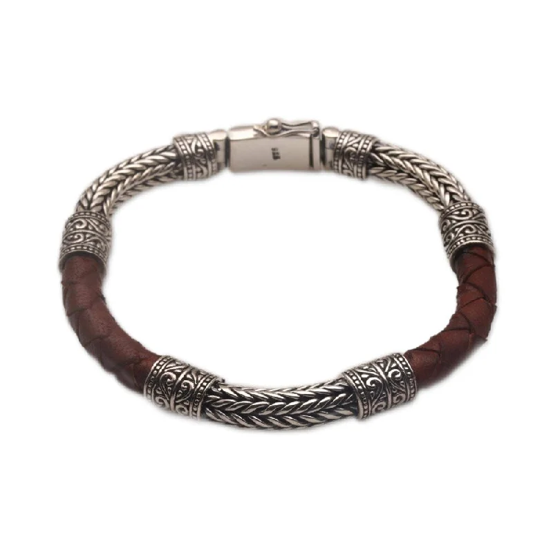 Extra long wrap bracelets  Handmade Men's Sterling Silver Leather shades of copper and black 'Royal Weave in Brown' Bracelet (Indonesia)