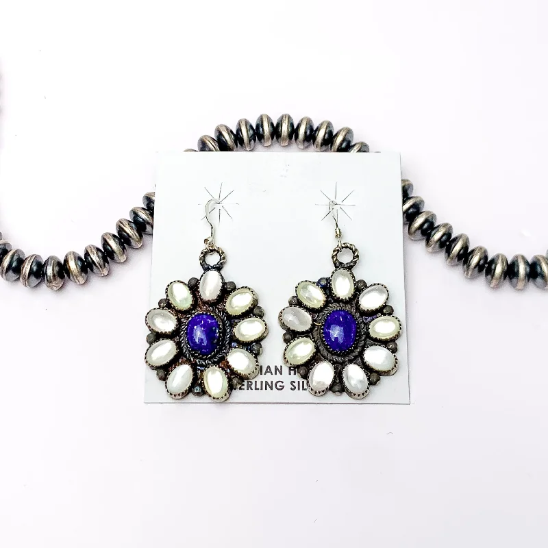 Push back earringsDaniel Benally | Navajo Handmade Sterling Silver Flower Dangling Cluster Earrings with White Water Pearl and Dark Lapis Stones