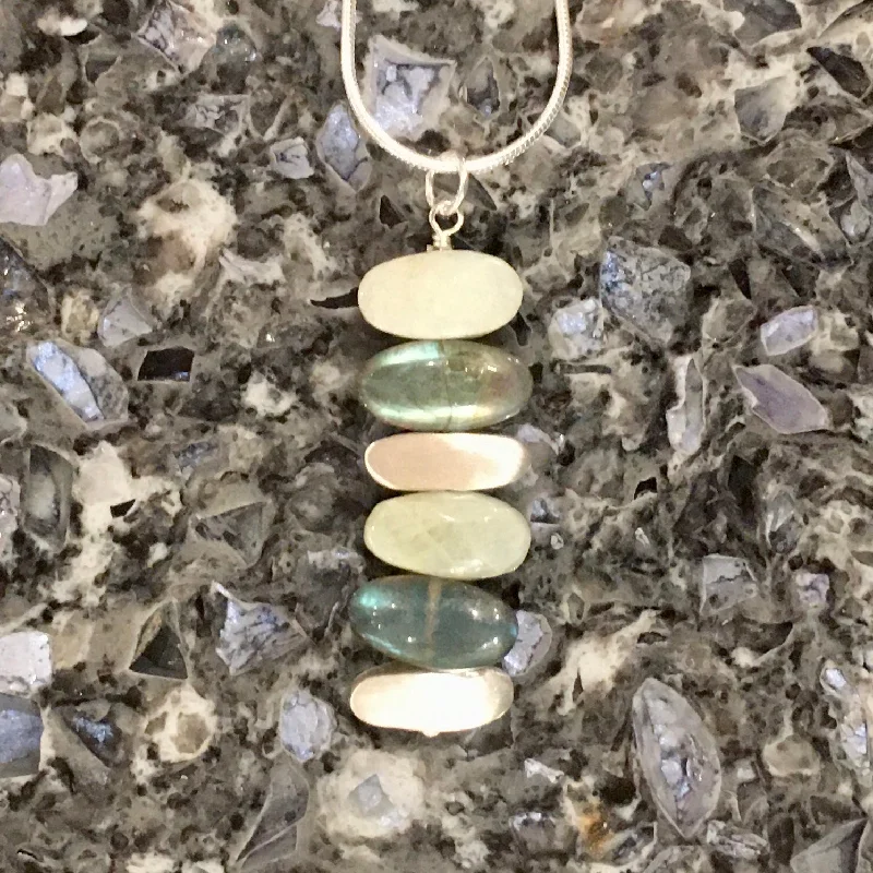 Platinum necklaces for women  Stacked Aquamarine, Labradorite and Brushed Sterling Silver Stones Pendant Necklace